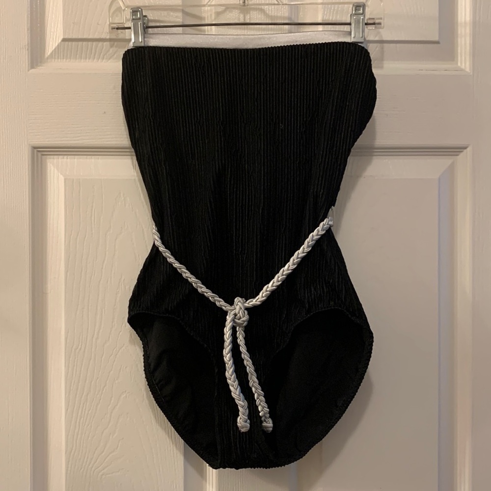 VINTAGE JANTZEN SWIMSUIT BLACK/SILVER STRAPLESS WITH SILVER BRAIDED BELT SZ 14